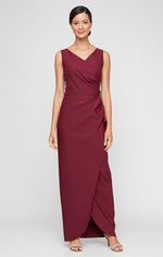 Long Sleeveless Compression Sheath Gown with Surplice Neckline, Cascade Detail Skirt and Beaded Detail at Hip