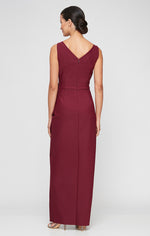 Long Sleeveless Compression Sheath Gown with Surplice Neckline, Cascade Detail Skirt and Beaded Detail at Hip