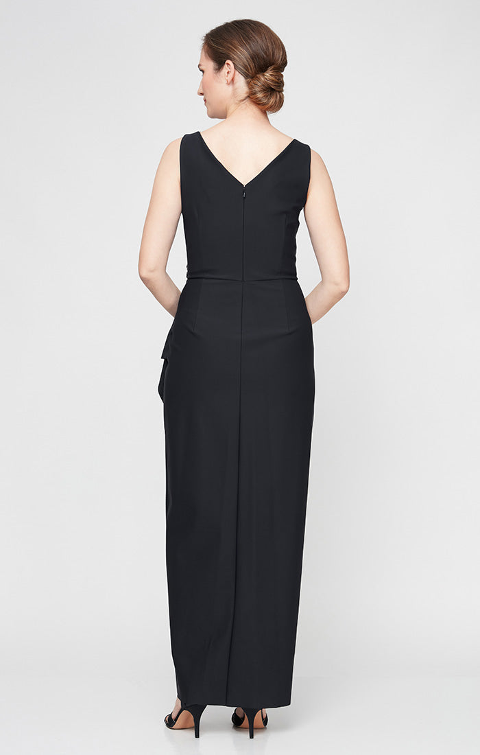 Long Sleeveless Compression Sheath Gown with Surplice Neckline, Cascade Detail Skirt and Beaded Detail at Hip