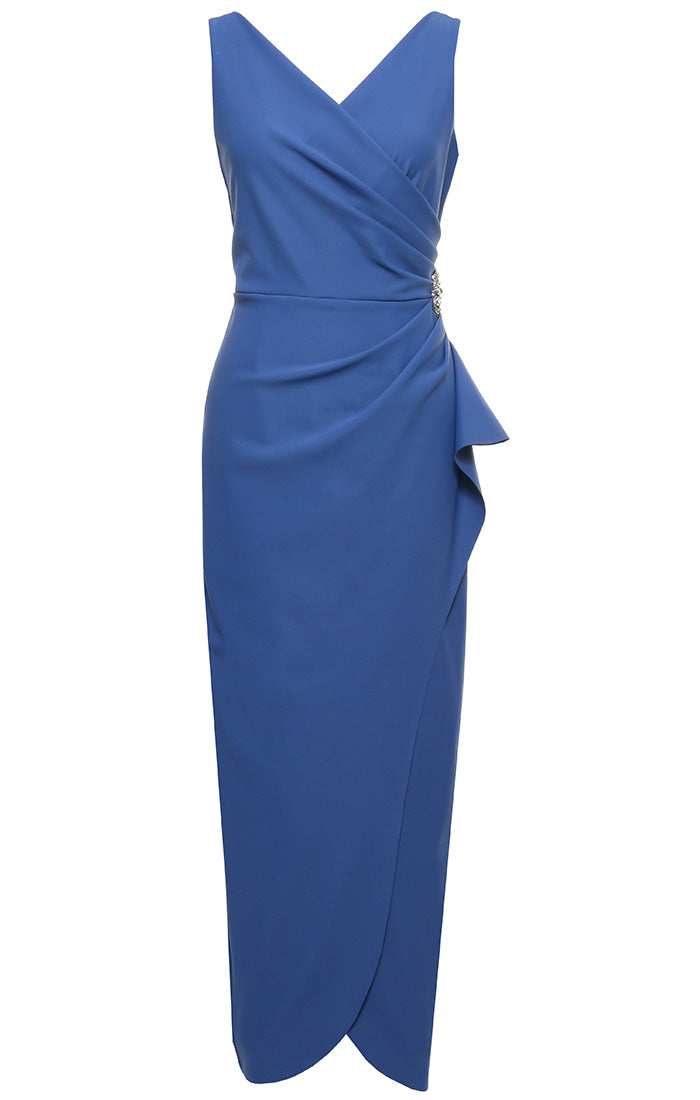 Long Sleeveless Compression Sheath Gown with Surplice Neckline, Cascade Detail Skirt and Beaded Detail at Hip