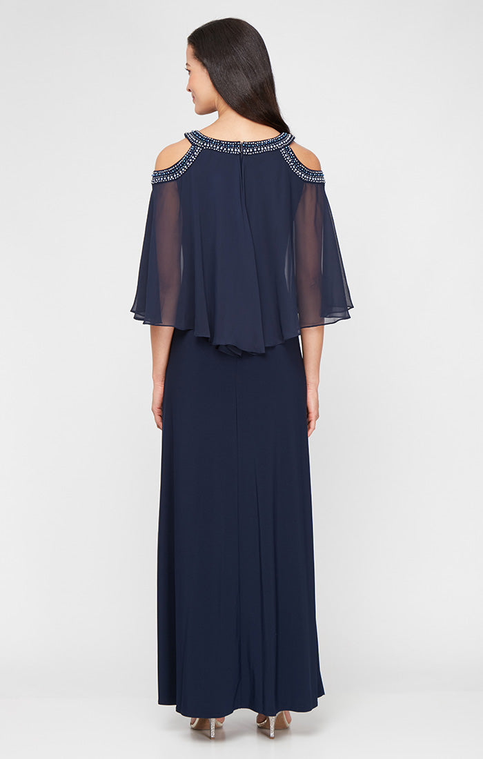 Cold Shoulder Popover Jersey & Chiffon Gown with Beaded Neckline