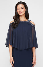 Cold Shoulder Popover Jersey & Chiffon Gown with Beaded Neckline