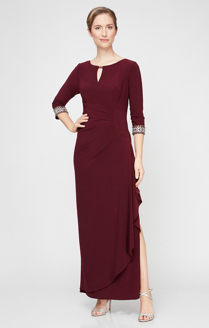 Long A-Line Jersey Dress with Side Ruched Cascade Skirt, Keyhole Cutout Neckline and Embllished Sleeves/Neckline