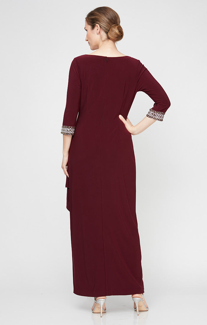 Long A-Line Jersey Dress with Side Ruched Cascade Skirt, Keyhole Cutout Neckline and Embllished Sleeves/Neckline