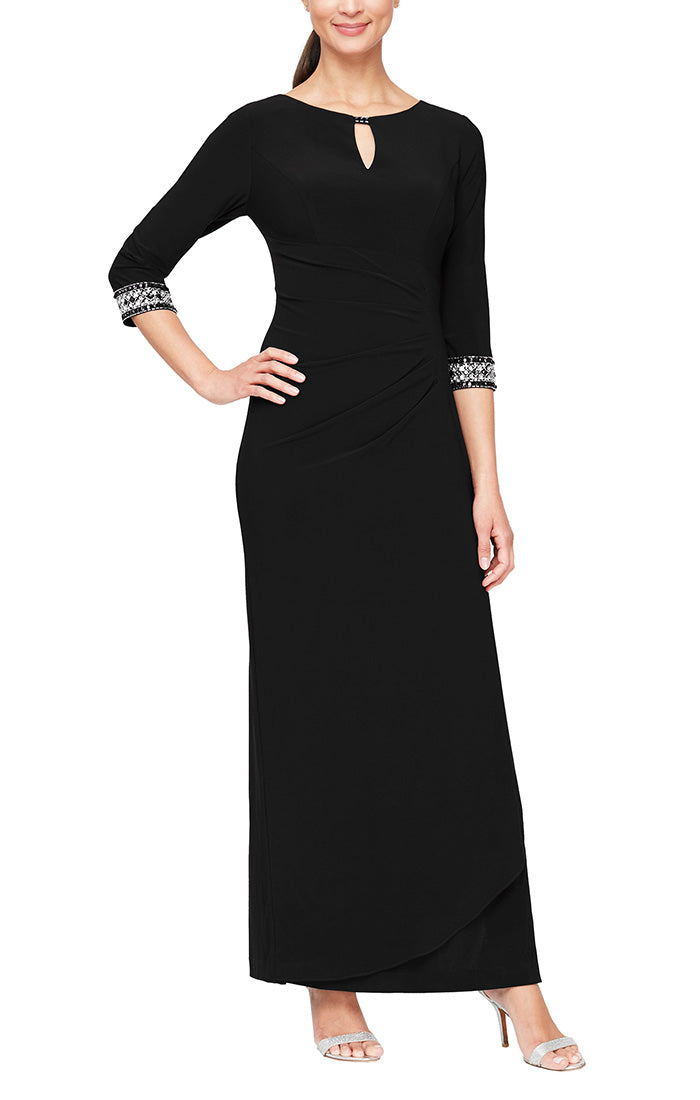 Long A-Line Dress with Side Ruched Cascade Skirt, Keyhole Cutout Neckline and Embllished Sleeves/Neckline