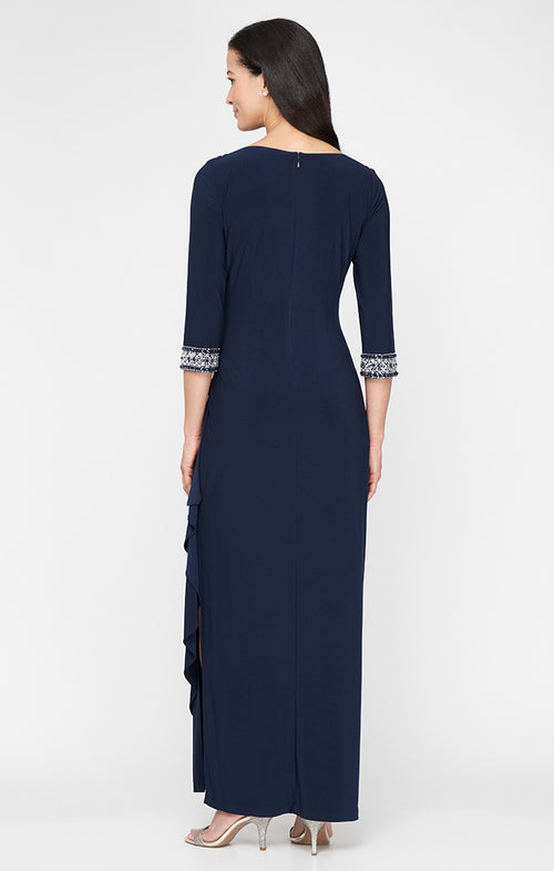 Jersey Dress with Keyhole Cutout Neckline and Embellished Sleeves/Neckline