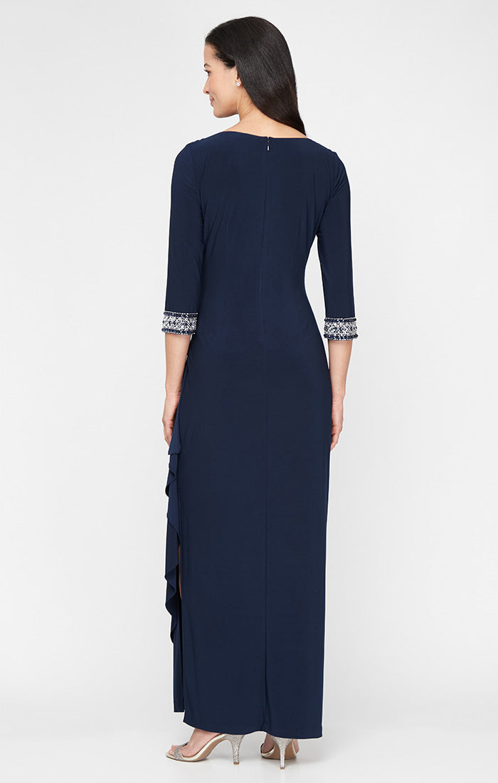 Jersey Dress with Keyhole Cutout Neckline and Embellished Sleeves/Neckline