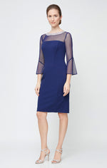 Petite Sheath Crepe Cocktail Dress with Beaded Illusion Neckline & Bell Sleeves