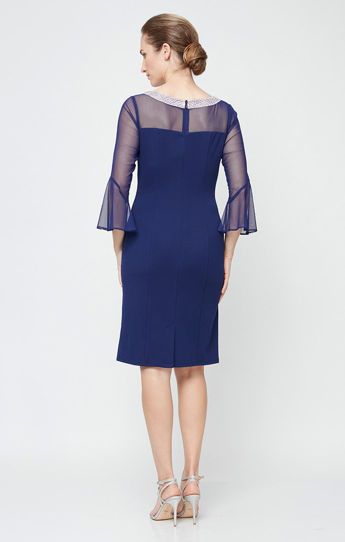 Petite Sheath Crepe Cocktail Dress with Beaded Illusion Neckline & Bell Sleeves