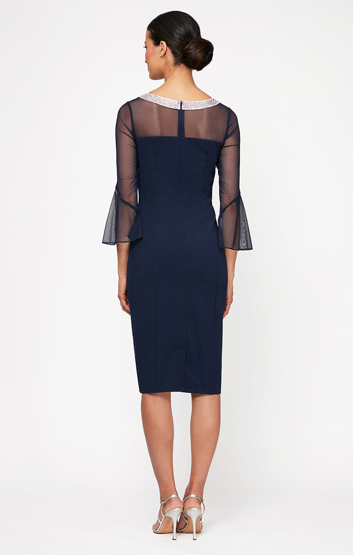 Short Sheath Crepe Cocktail Dress with Beaded Illusion Neckline & Bell Sleeves