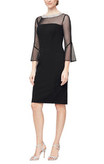 Petite Sheath Crepe Cocktail Dress with Beaded Illusion Neckline & Bell Sleeves