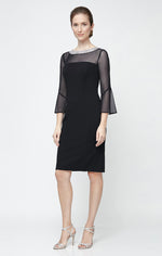 Short Sheath Crepe Cocktail Dress with Beaded Illusion Neckline & Bell Sleeves