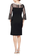 Short Sheath Crepe Cocktail Dress with Beaded Illusion Neckline & Bell Sleeves