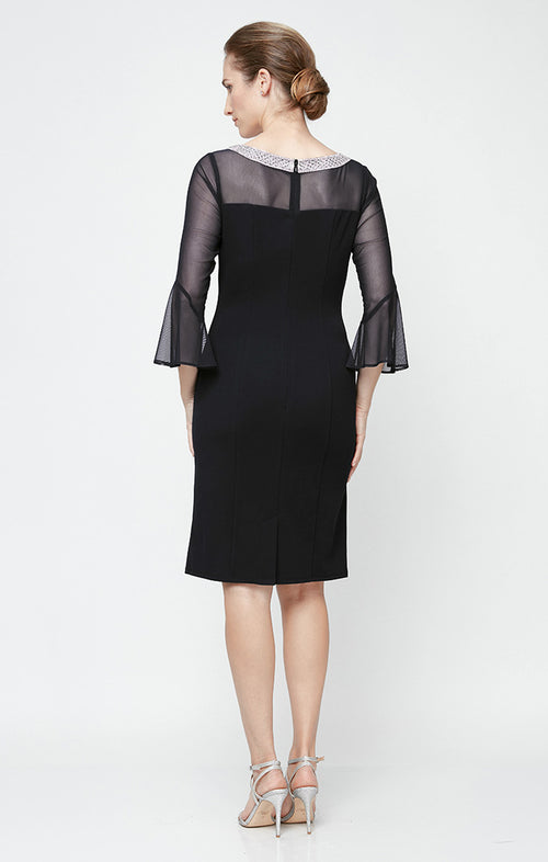 Petite Sheath Crepe Cocktail Dress with Beaded Illusion Neckline & Bell Sleeves