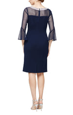 Short Sheath Crepe Cocktail Dress with Beaded Illusion Neckline & Bell Sleeves