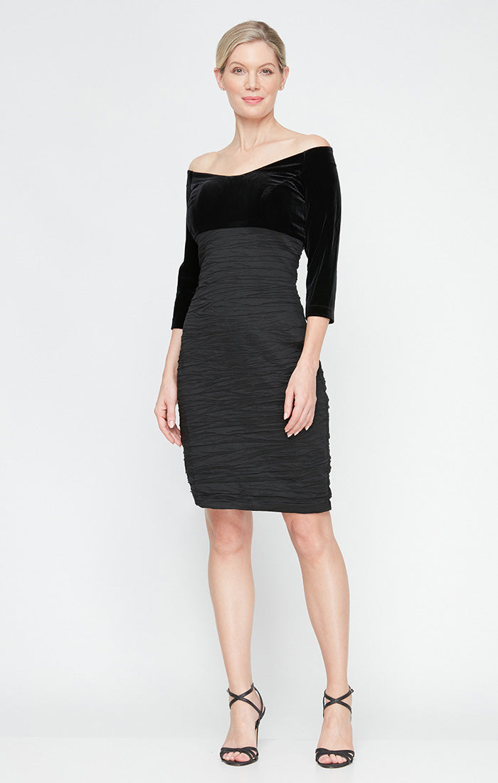 Short Off-the-Shoulder Empire Waist Velvet & Taffeta Sheath Dress