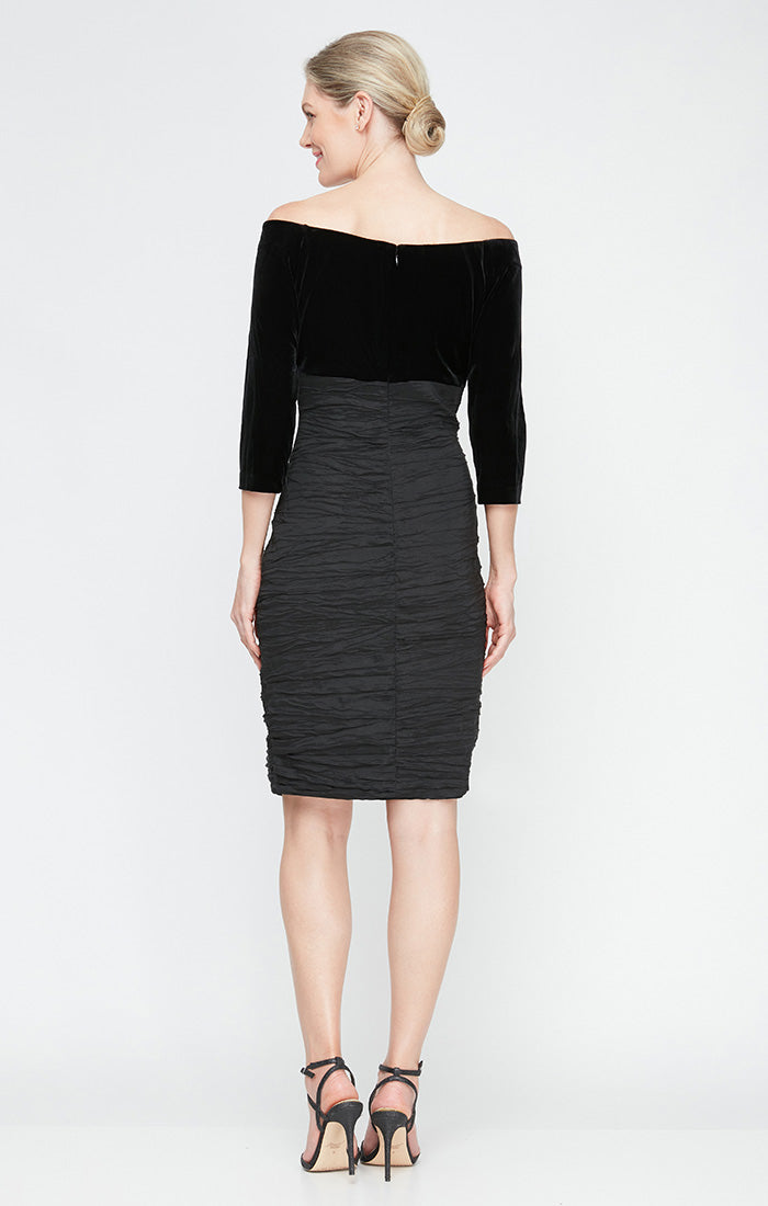 Short Off-the-Shoulder Empire Waist Velvet & Taffeta Sheath Dress