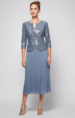 Tea-Length Firework Sequin Jacket Dress with Chiffon Skirt