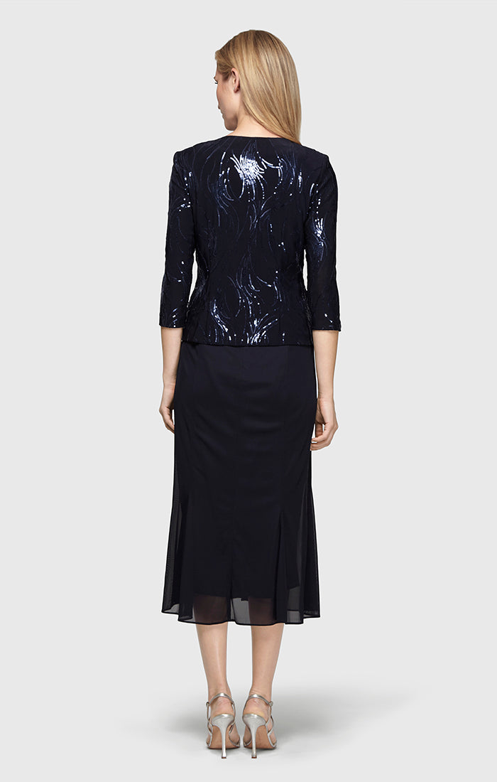 Tea-Length Firework Sequin Jacket Dress with Godet Detail Mesh Skirt