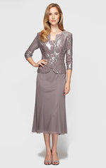 Tea-Length Firework Sequin Jacket Dress with Godet Detail Mesh Skirt