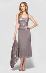 Tea-Length Firework Sequin Jacket Dress with Godet Detail Mesh Skirt