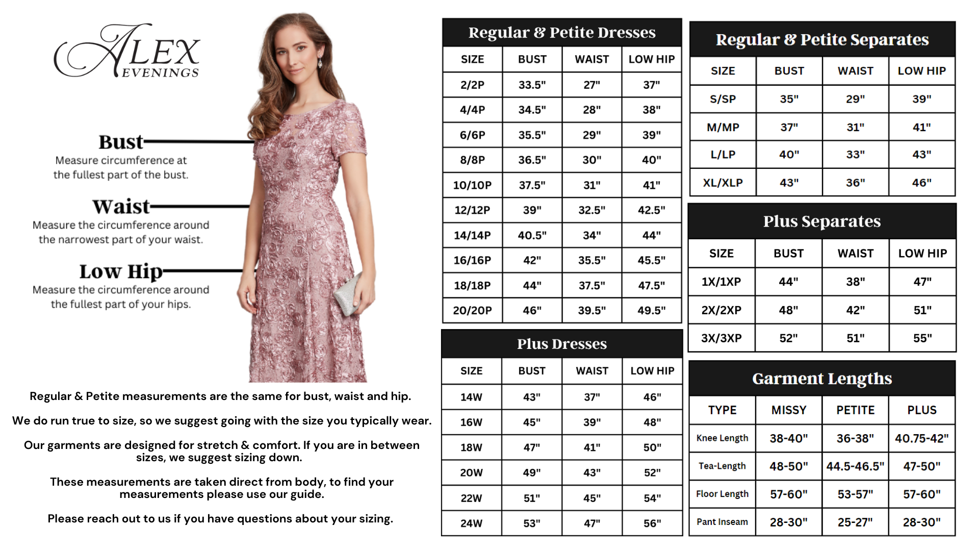 Women s Evening Wear Size Chart Fit Guide Alex Evenings
