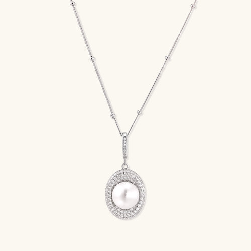Sterling silver necklace with freshwater pearl in sparkling crystal halo pendant on delicate beaded chain