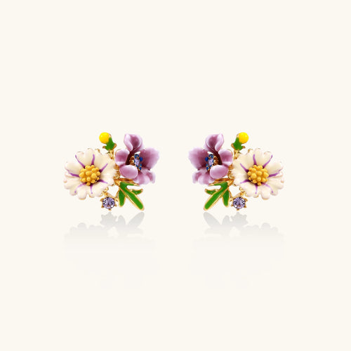 Delicate gold-plated stud earrings featuring white daisy and purple flowers with green leaves and crystal accents