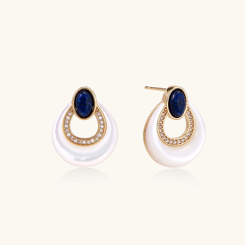 Gold-plated drop earrings featuring blue lapis lazuli ovals, diamond-studded circles, and iridescent mother of pearl teardrops