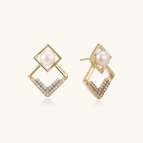 Gold-plated geometric drop earrings with freshwater pearls in square frames and crystal-accented diamond-shaped dangles