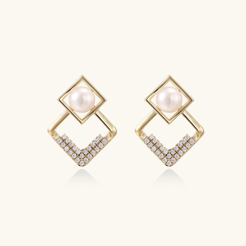 Gold-plated geometric drop earrings with freshwater pearls in square frames and crystal-accented diamond-shaped dangles