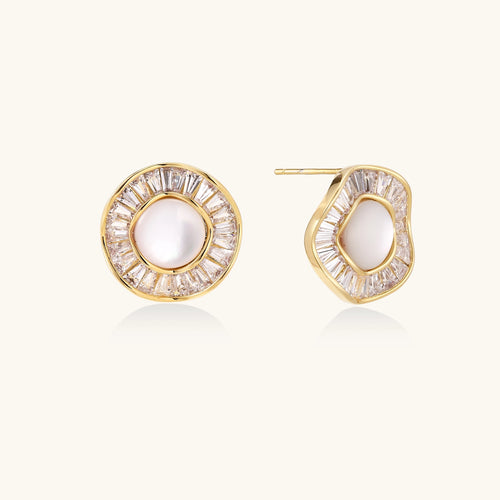 Gold-plated stud earrings with central freshwater pearl surrounded by baguette crystals in radial pattern