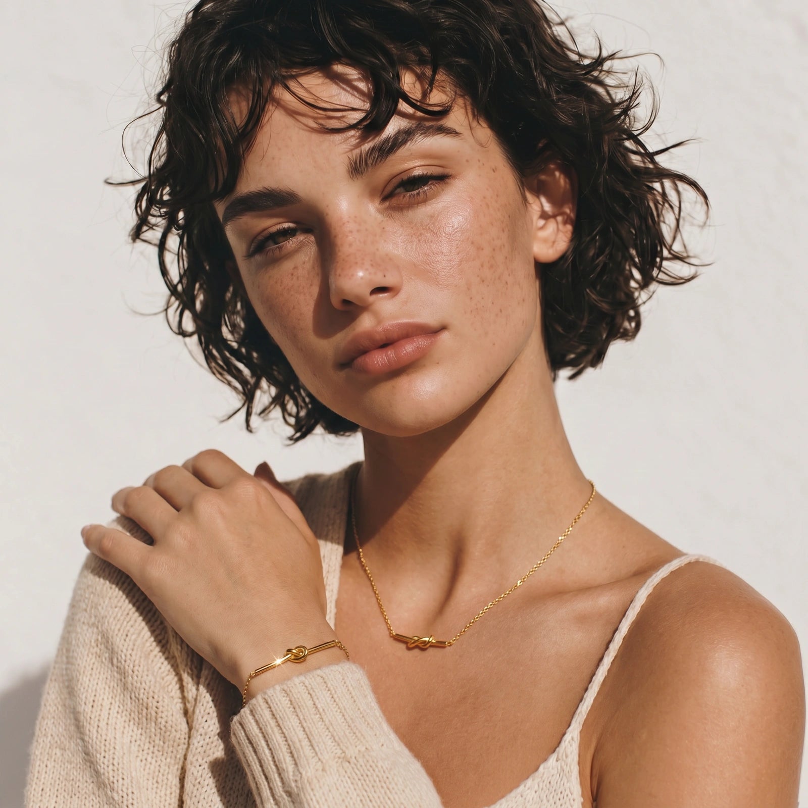 Dainty 18K gold plated necklace with infinity knot pendant on delicate chain against white background