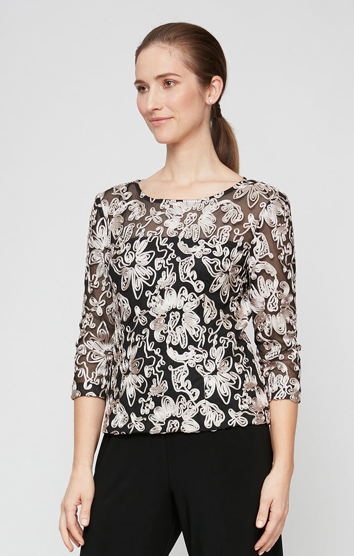 3/4 Sleeve Stretch Tulle Blouse with Embroidered Detail and Illusion Neckline