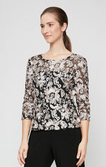 Petite 3/4 Sleeve Blouse with Embroidered Detail and Illusion Neckline