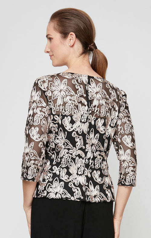 Petite 3/4 Sleeve Blouse with Embroidered Detail and Illusion Neckline