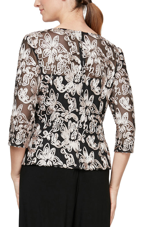 3/4 Sleeve Stretch Tulle Blouse with Embroidered Detail and Illusion Neckline