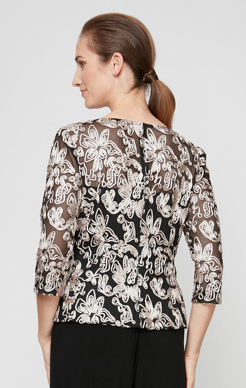 3/4 Sleeve Stretch Tulle Blouse with Embroidered Detail and Illusion Neckline