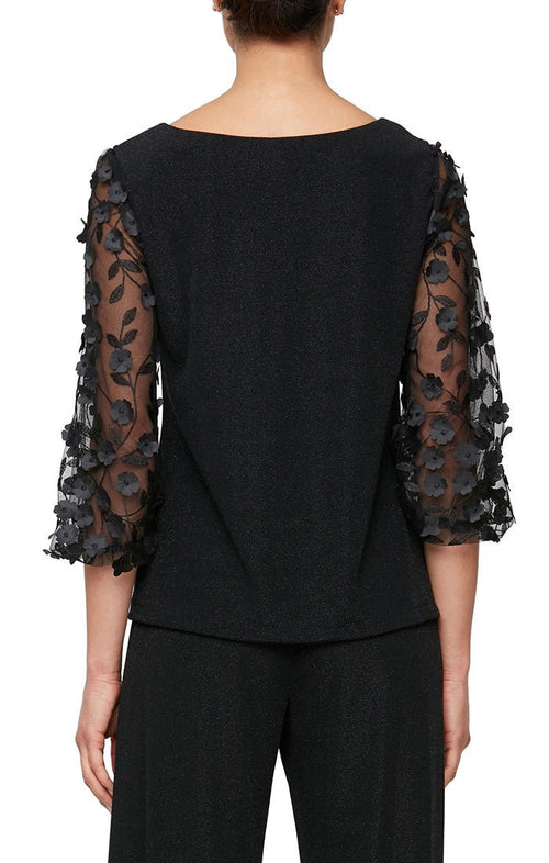 3/4 Sleeve Blouse with 3 - D Flower Illusion Sleeves - alexevenings.com