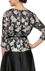 3/4 Sleeve Embroidered Blouse with Tie Belt - alexevenings.com