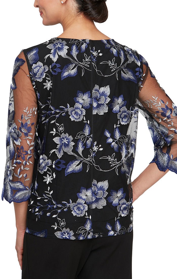 3/4 Sleeve Embroidered Mock Twinset with Hook Neck Closure and Scoop Neck Solid Tank - alexevenings.com