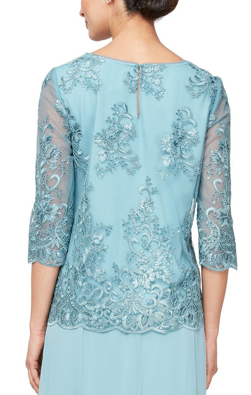 3/4 Sleeve Embroidered Tulle Tunic Blouse with Illusion Sleeves and Scallop Detail - alexevenings.com