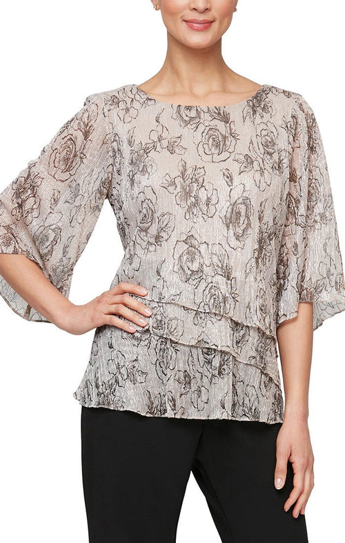 3/4 Sleeve Printed Blouse with Asymmetric Tiers - alexevenings.com