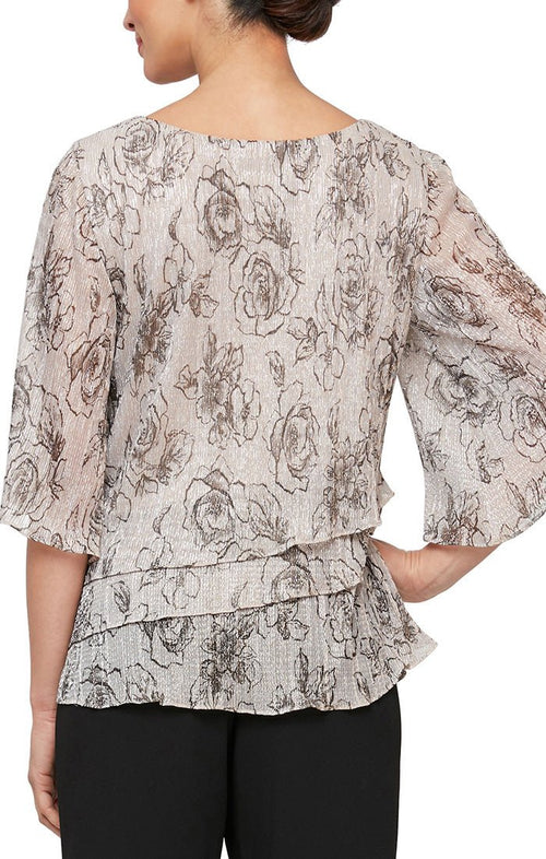 3/4 Sleeve Printed Blouse with Asymmetric Tiers - alexevenings.com