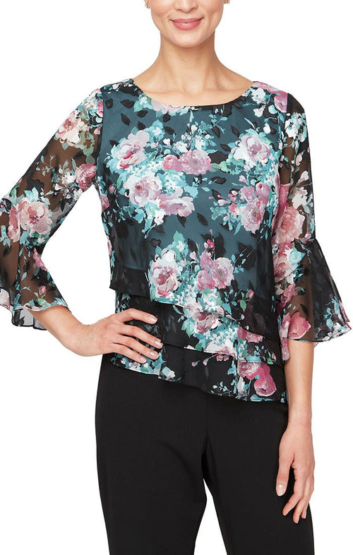 3/4 Sleeve Printed Blouse with Triple Tier Asymmetric Hem and Bell Sleeves - alexevenings.com