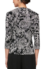 3/4 Sleeve Printed Glitter Knit Twinset with Scoop Neck Tank and Hook Neck Closure Jacket - alexevenings.com