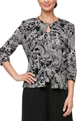 3/4 Sleeve Printed Glitter Knit Twinset with Scoop Neck Tank and Hook Neck Closure Jacket - alexevenings.com