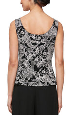 3/4 Sleeve Printed Glitter Knit Twinset with Scoop Neck Tank and Hook Neck Closure Jacket - alexevenings.com