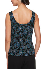 3/4 Sleeve Printed Mandarin Neck Glitter Knit Twinset with Scoop Neck Tank and Hook Neck Closure Jacket - alexevenings.com