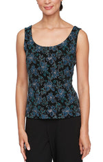 3/4 Sleeve Printed Mandarin Neck Glitter Knit Twinset with Scoop Neck Tank and Hook Neck Closure Jacket - alexevenings.com